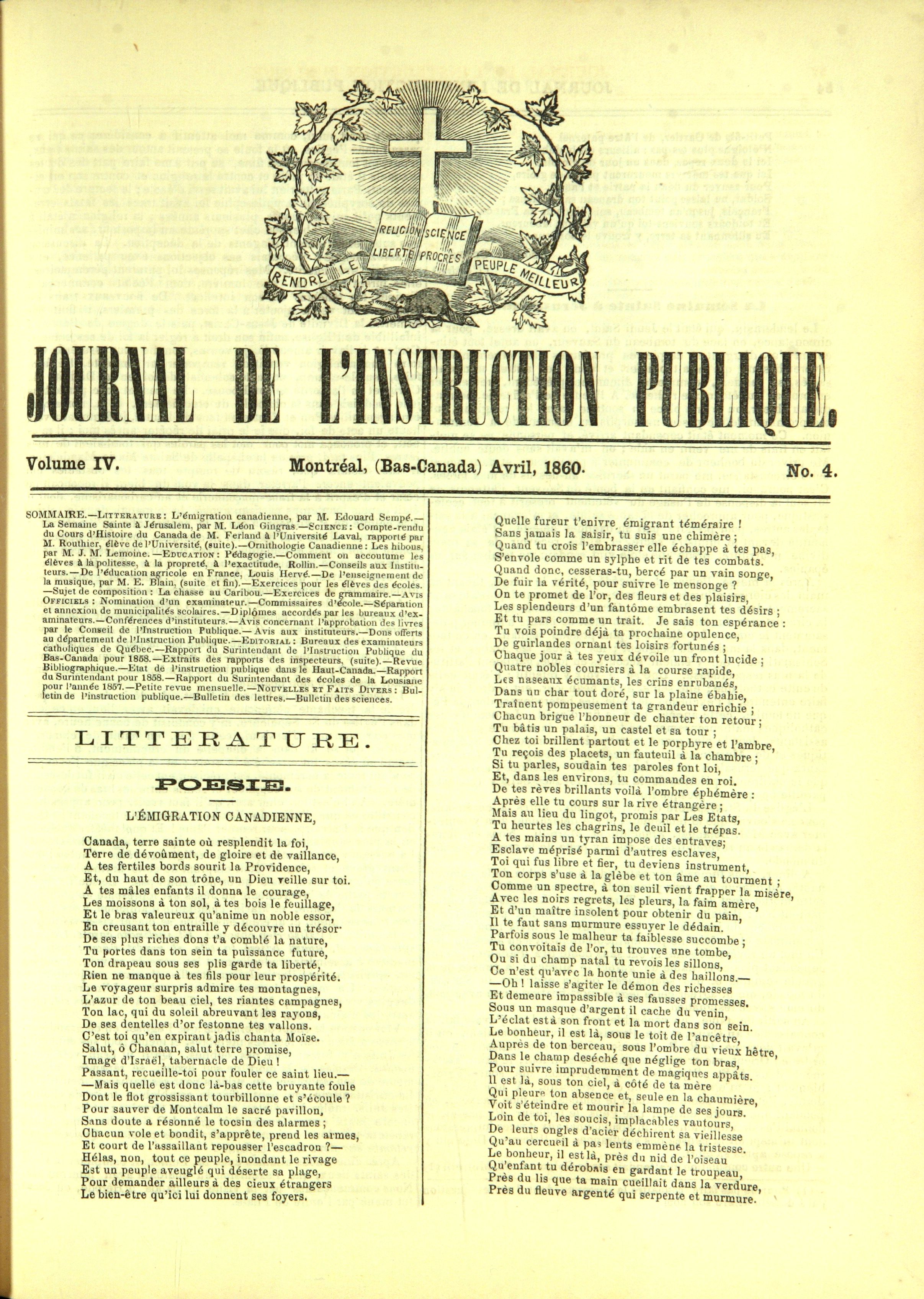 Page couverture du Journal de l'Instruction publique d'avril 1860