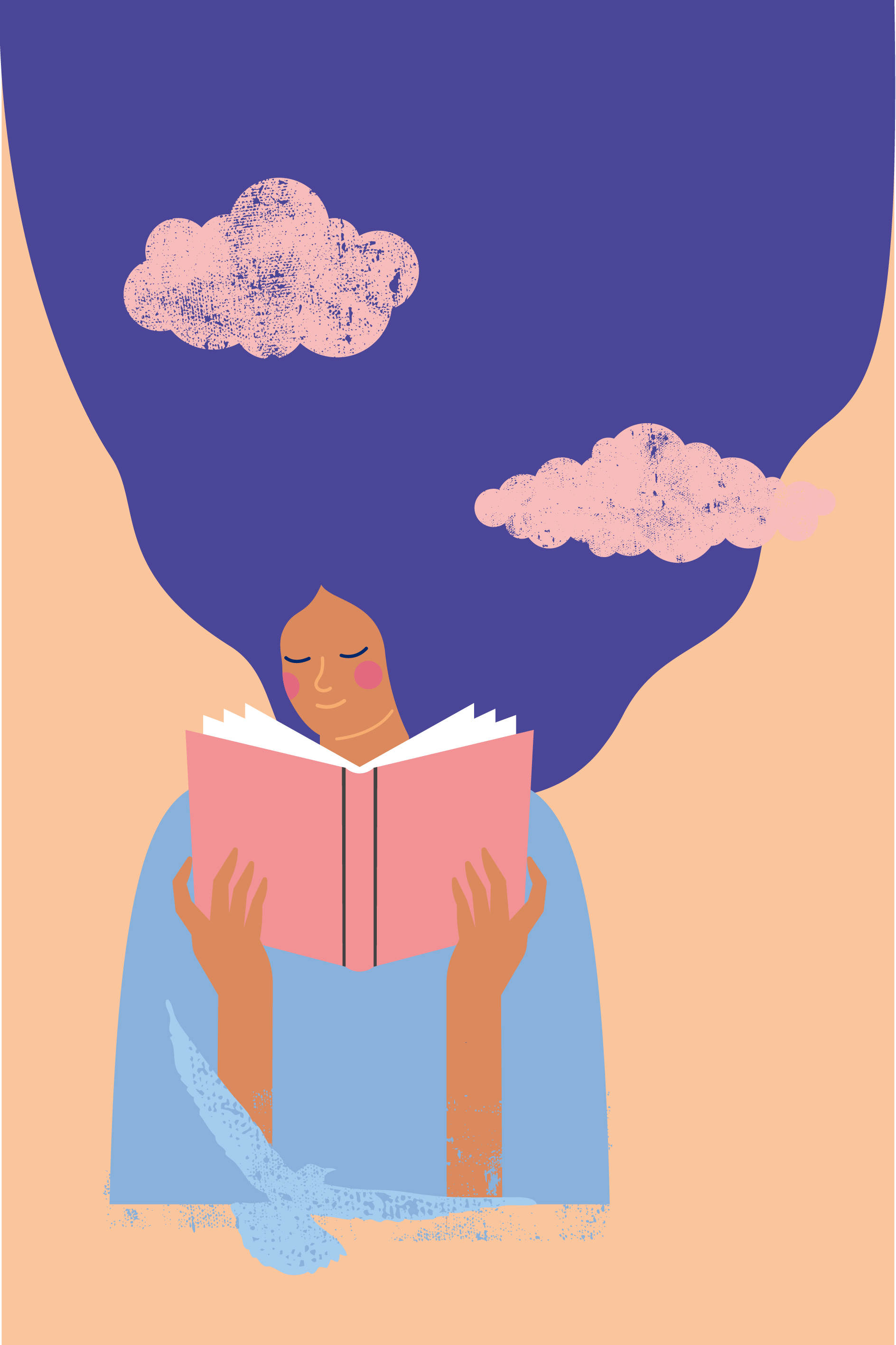 Illustration. Femme aux longs cheveux lisant un livre.