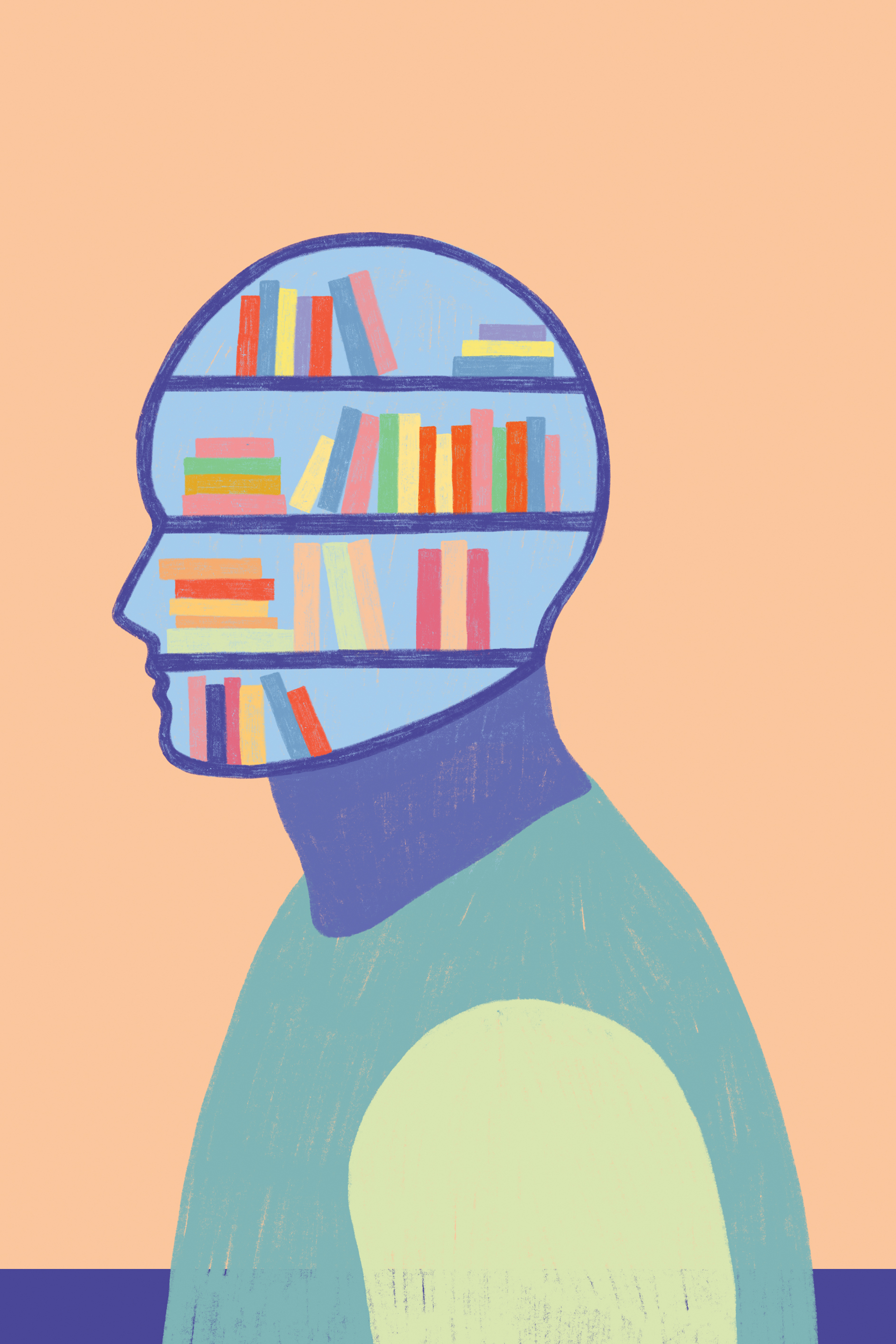 Illustration. Personne de profil dont la tête est remplis de livres.