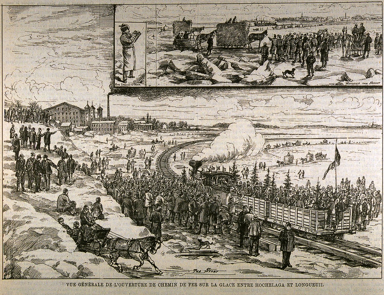 Spectateurs observant un train roulant sur des rails déposées sur la glace recouvrant le fleuve Saint-Laurent.