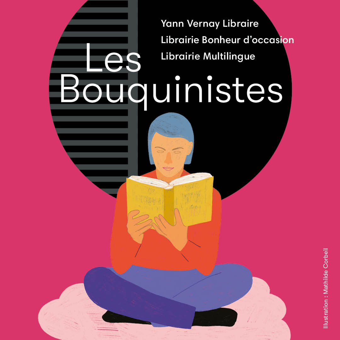 Les Bouquinistes Illustration d'une jeune femme assise, lisant un livre
