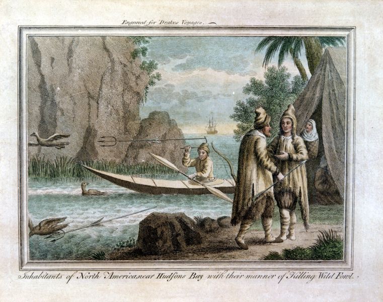 Image imaginée des riverains de la baie d’Hudson, chassant à l'aide d'un trident et campant sous les palmiers