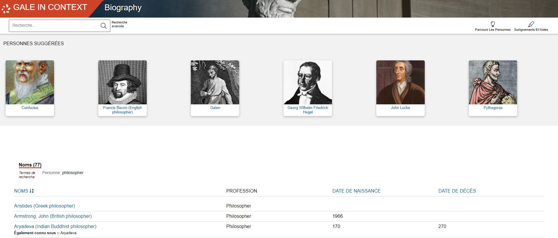 Écran de Biography in Context. Recherche Philosopher.