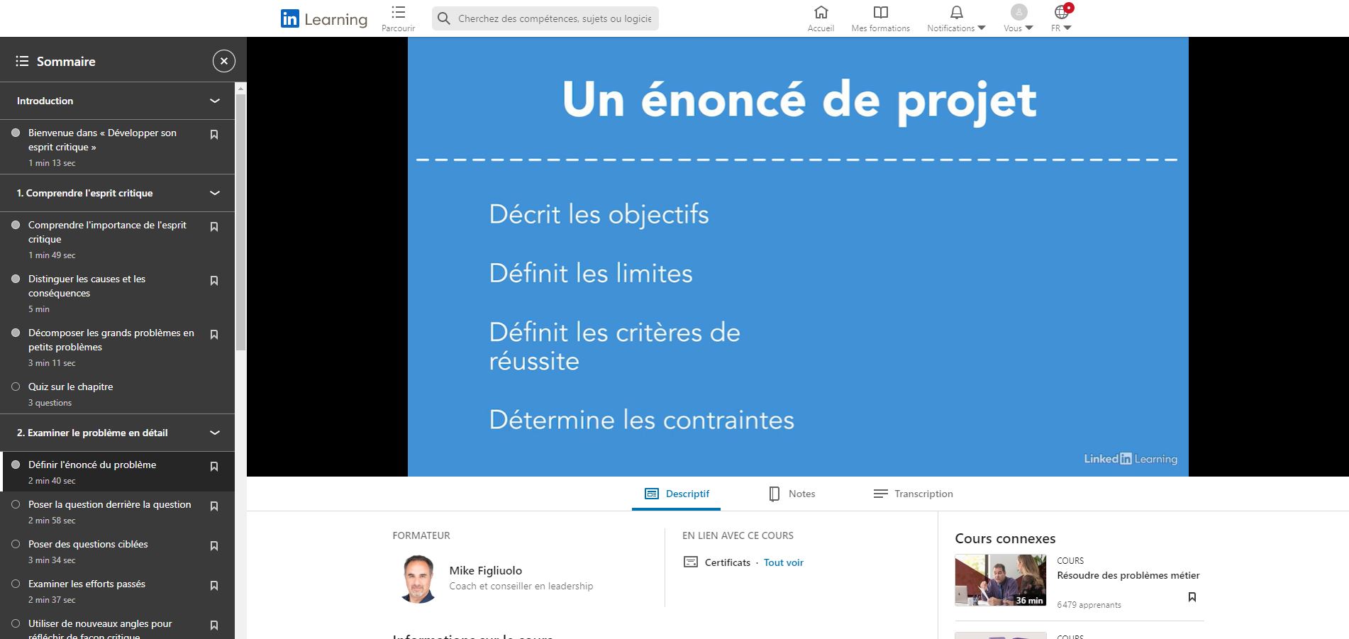 Formation « Développer son esprit critique » sur la plateforme LinkedIn Learning.