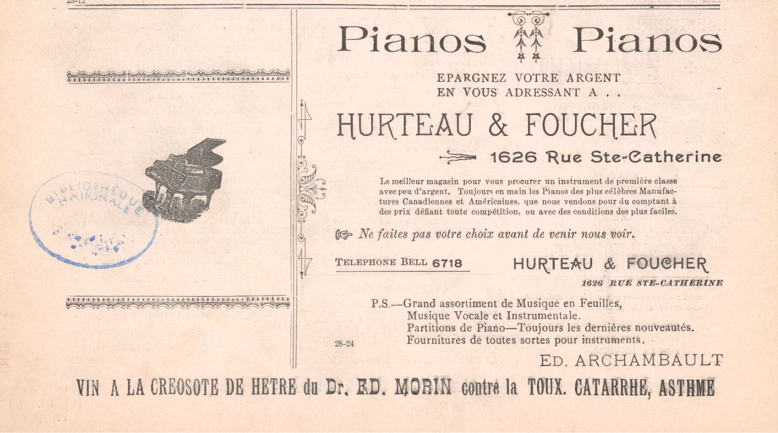 Publicité du magasin Archambault annonçant notamment la musique en feuilles