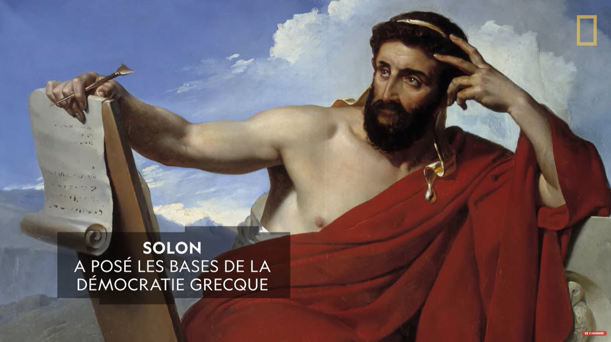 Portrait de Solon. Texte sur l'image : «Solon a posé les bases de la démocratie grecque.»