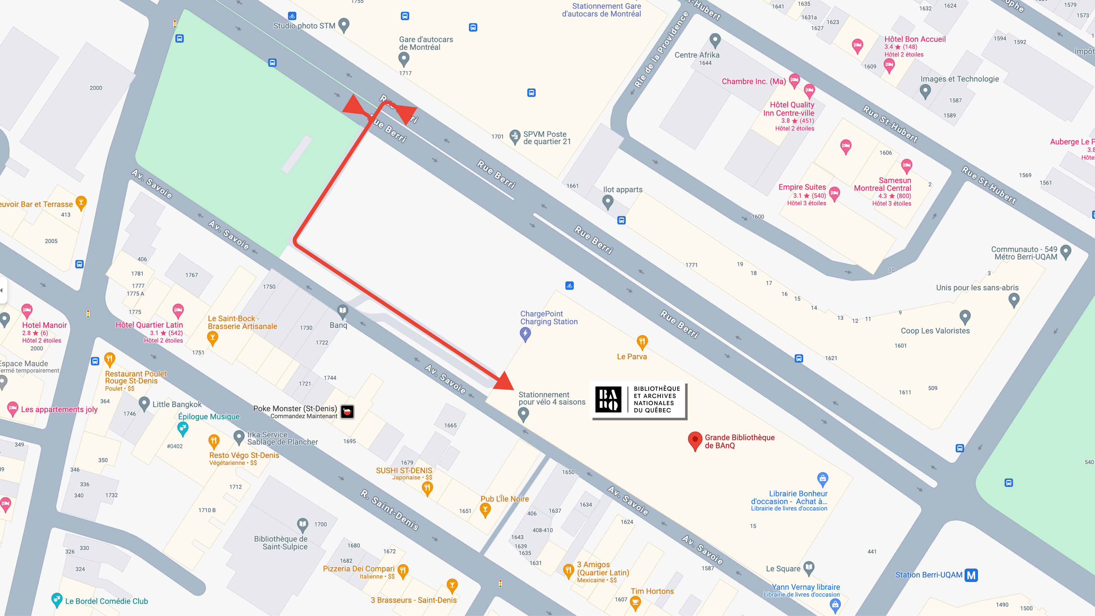Carte de l’accès au stationnement souterrain de la Grande Bibliothèque de BAnQ par la rue Berri. 