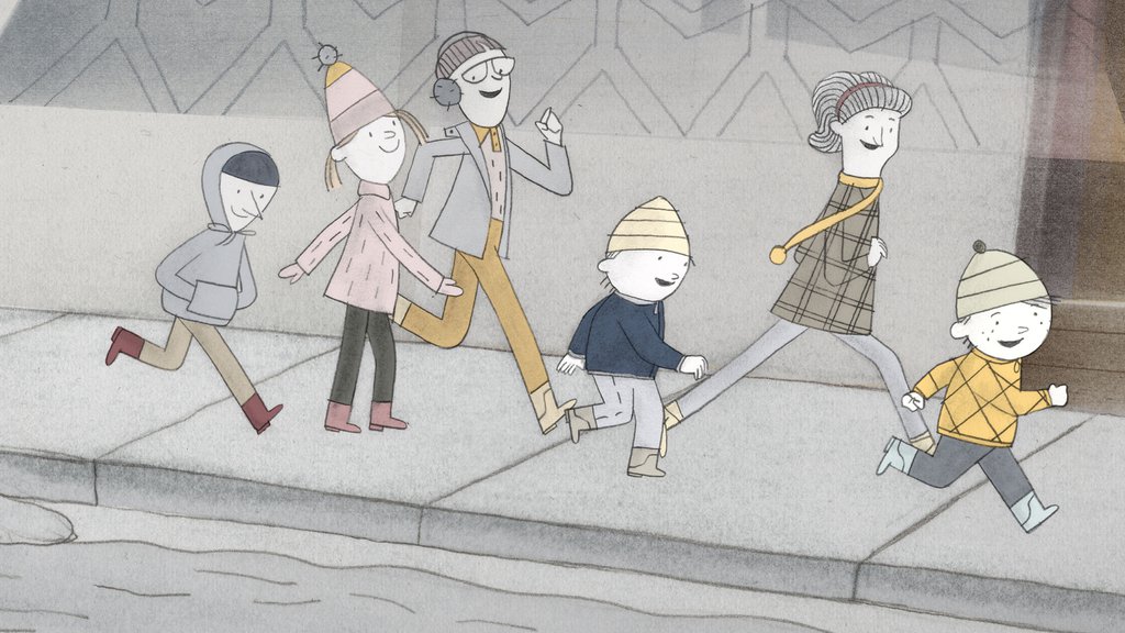Dessin de 6 enfants qui courent sur un trottoir.