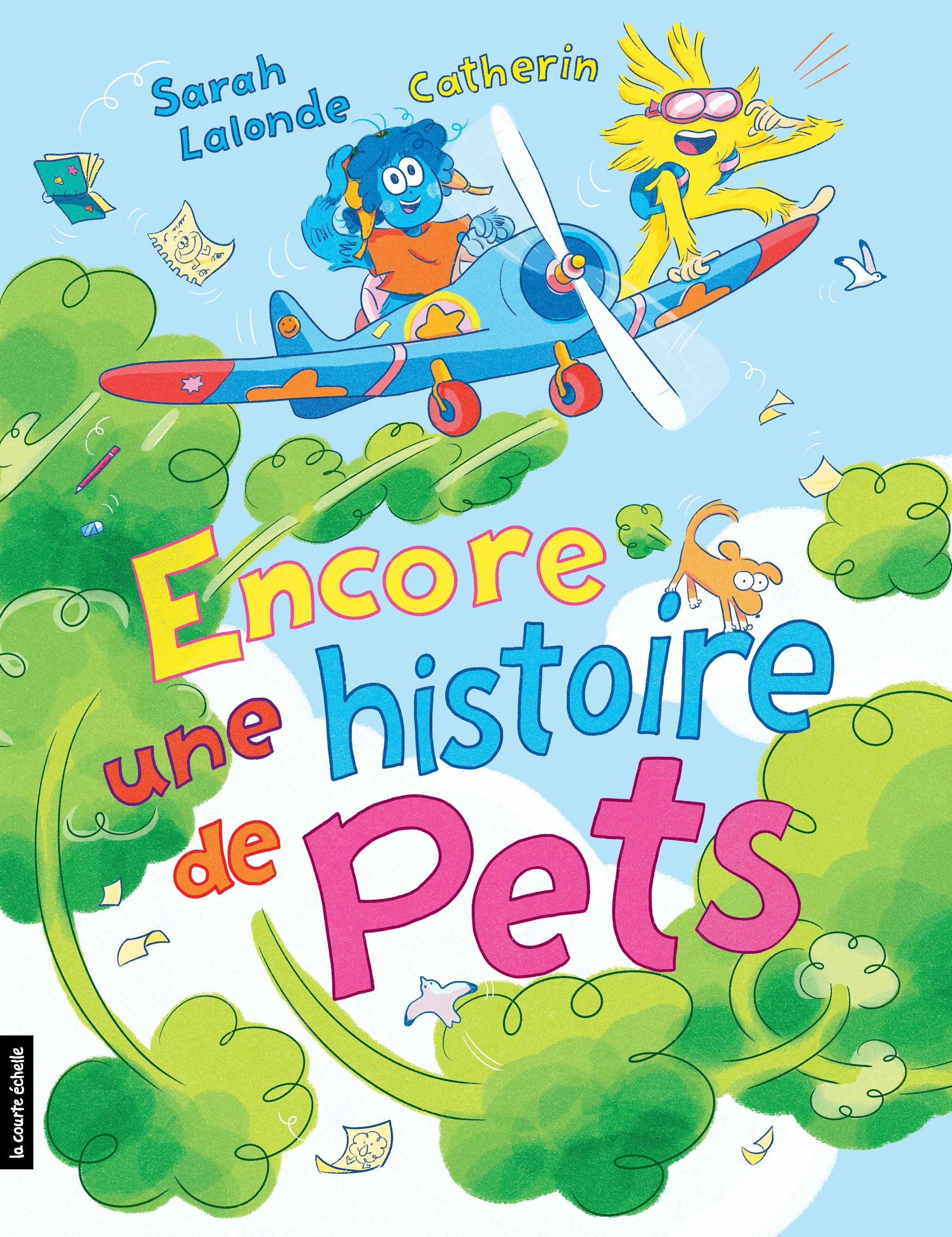 Illustration de deux personnages dans un avion entourés de nuages verts. 