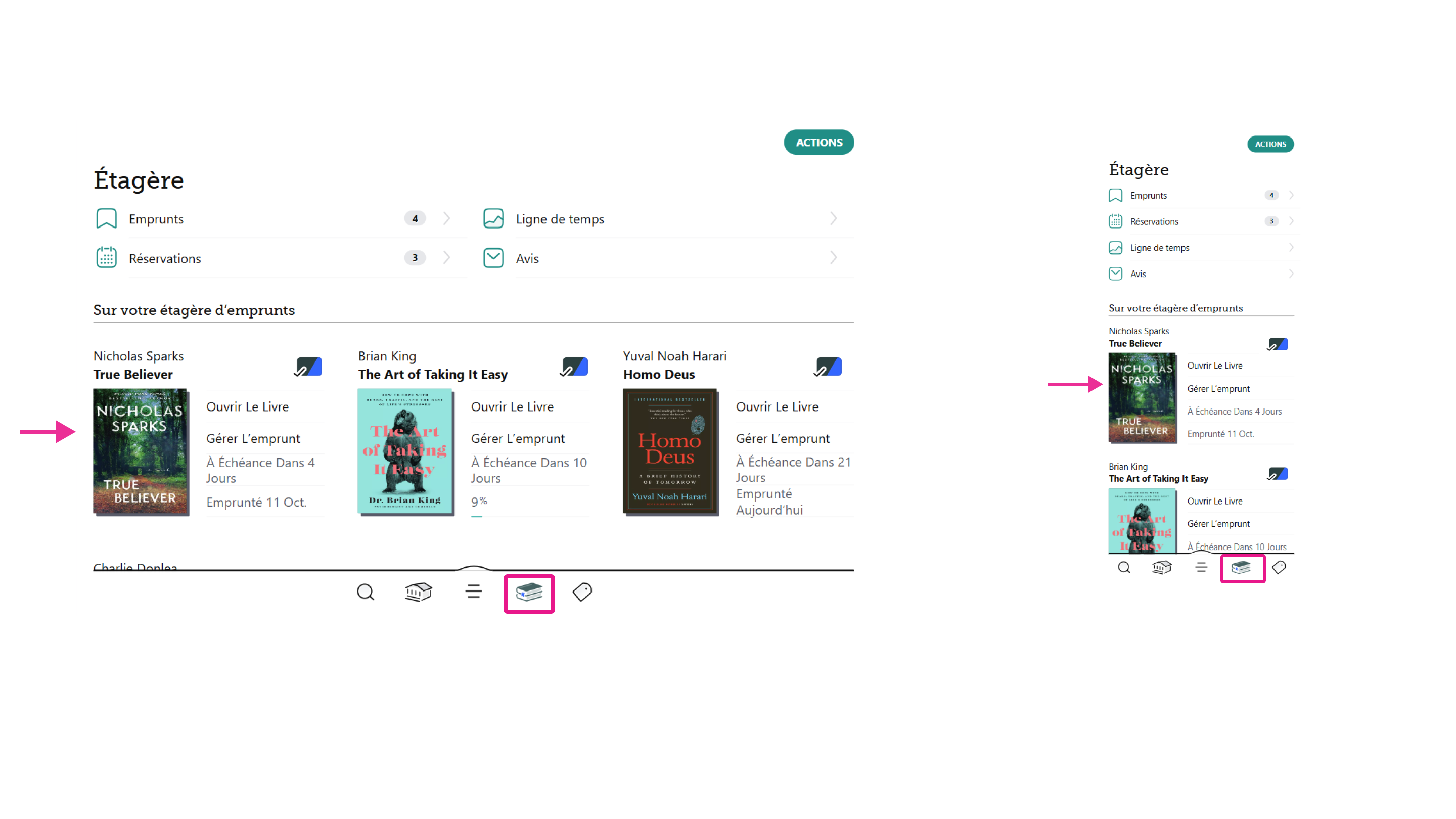 Emprunts apparaissant sur l’étagère de l’application Libby