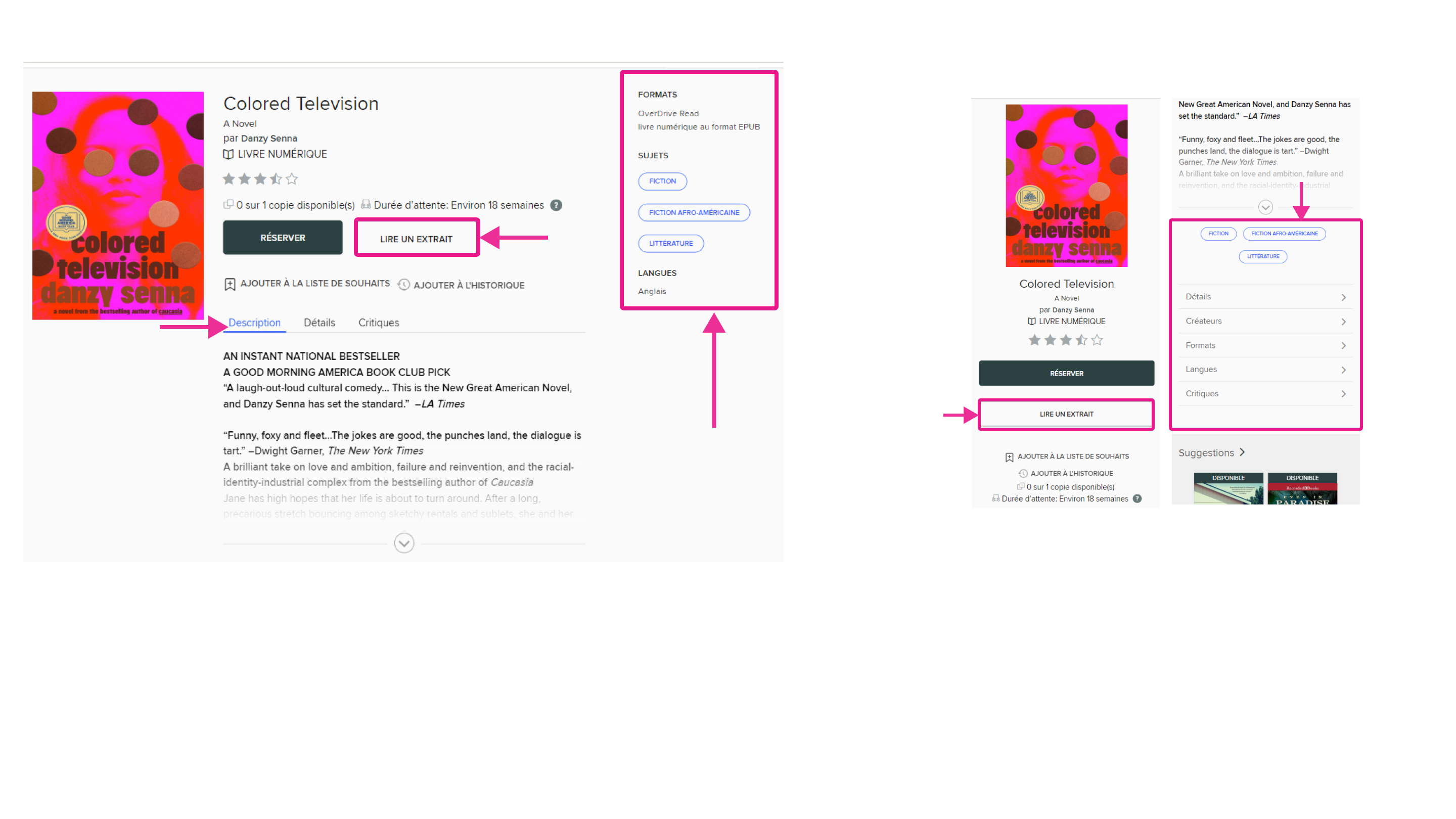 Fiche d’un livre sur la plateforme OverDrive