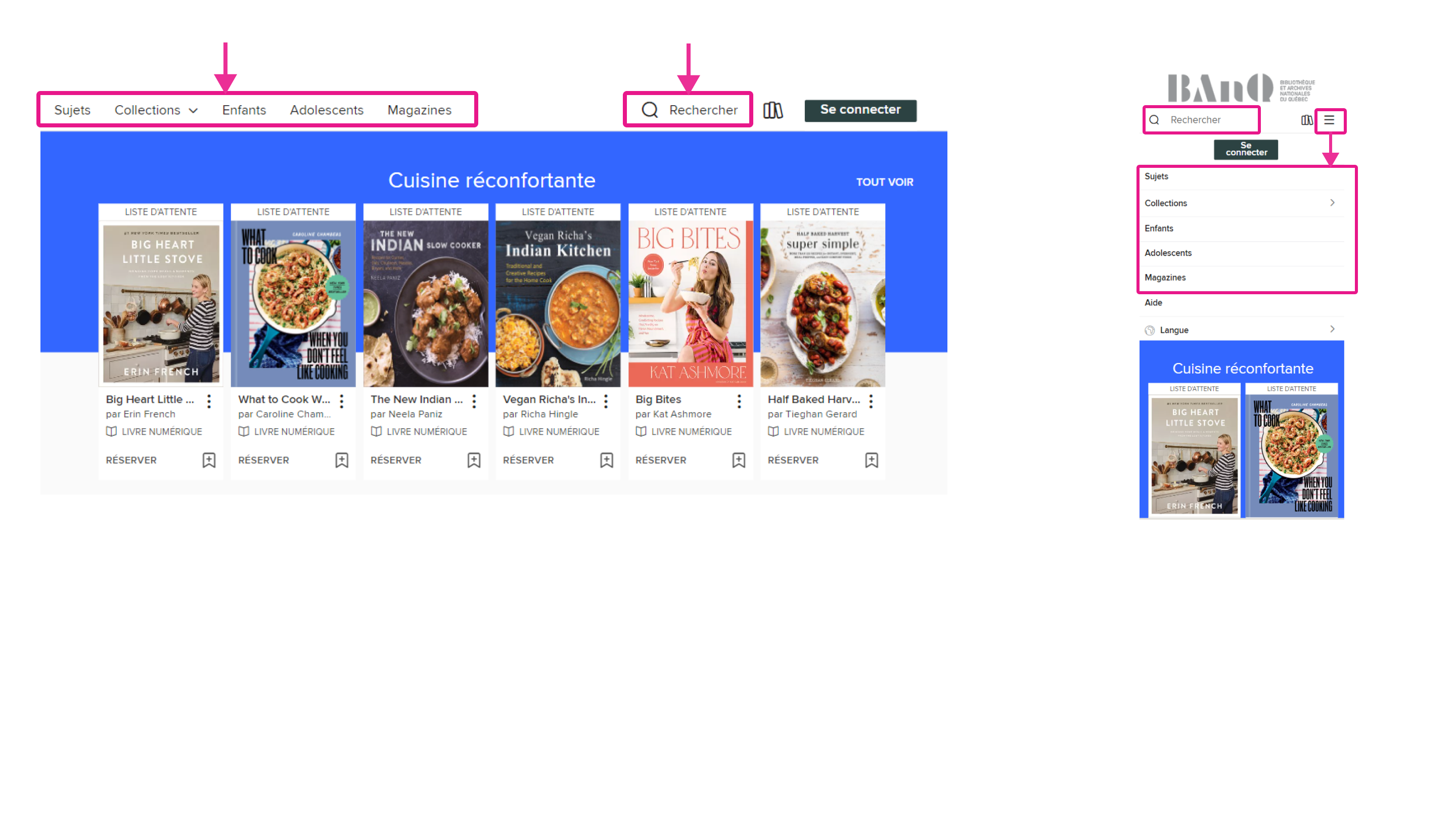 Les options pour la sélection d’un livre en mode exploratoire ou de recherche sur la plateforme OverDrive