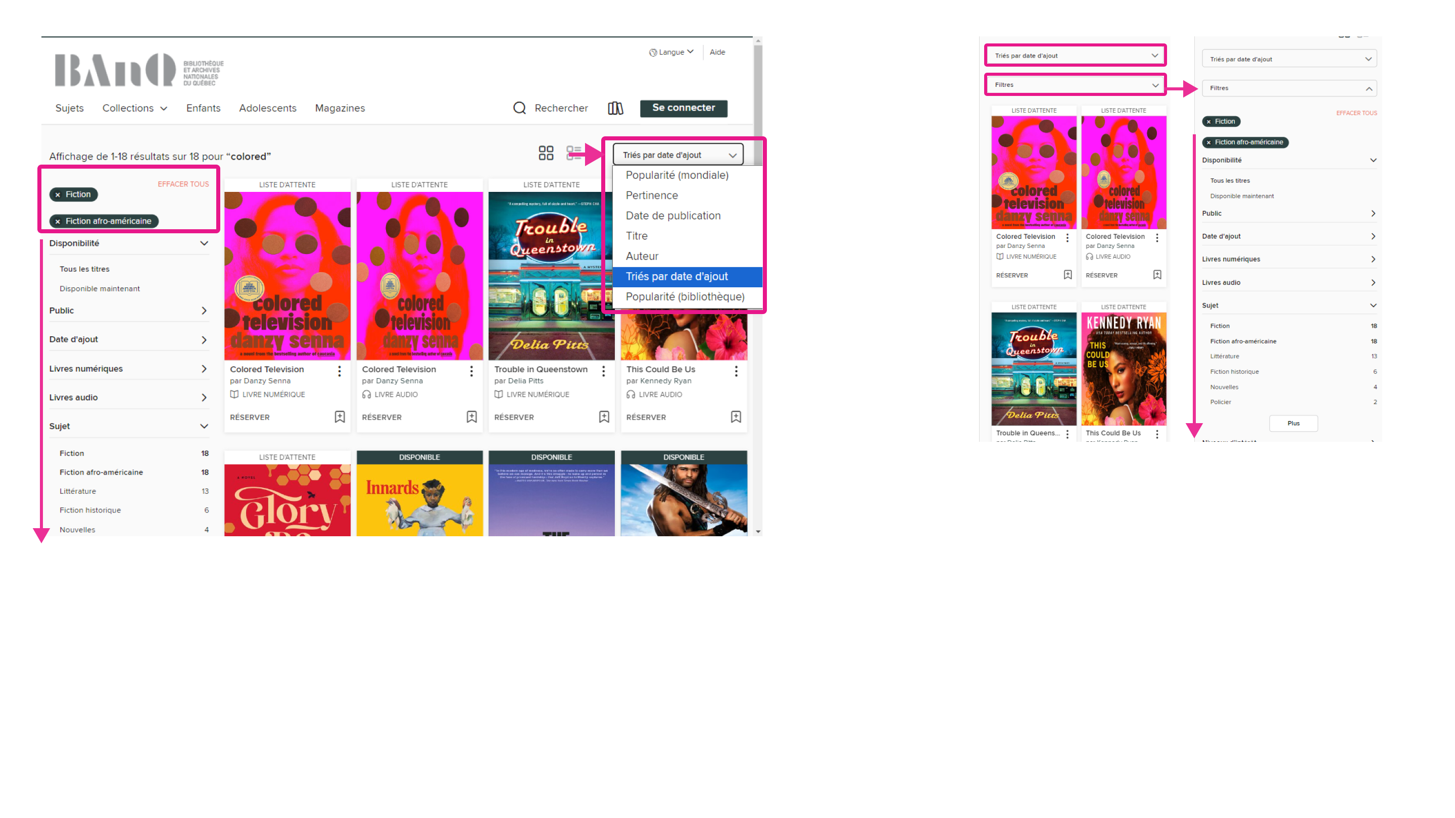 Filtres de recherche offerts sur la plateforme OverDrive