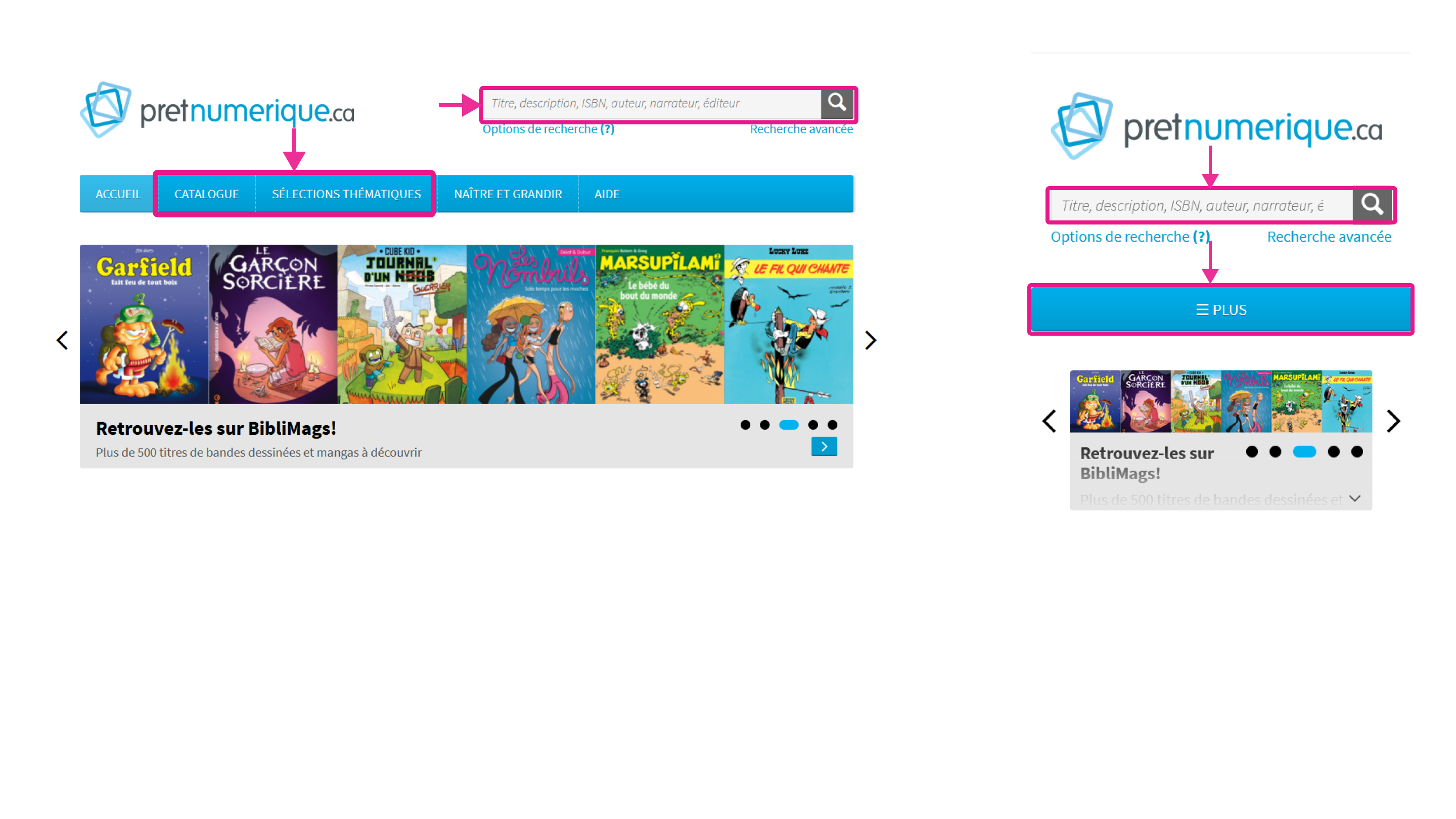 Les options pour la sélection d’un livre en mode exploratoire ou de recherche sur la plateforme Pretnumerique.ca