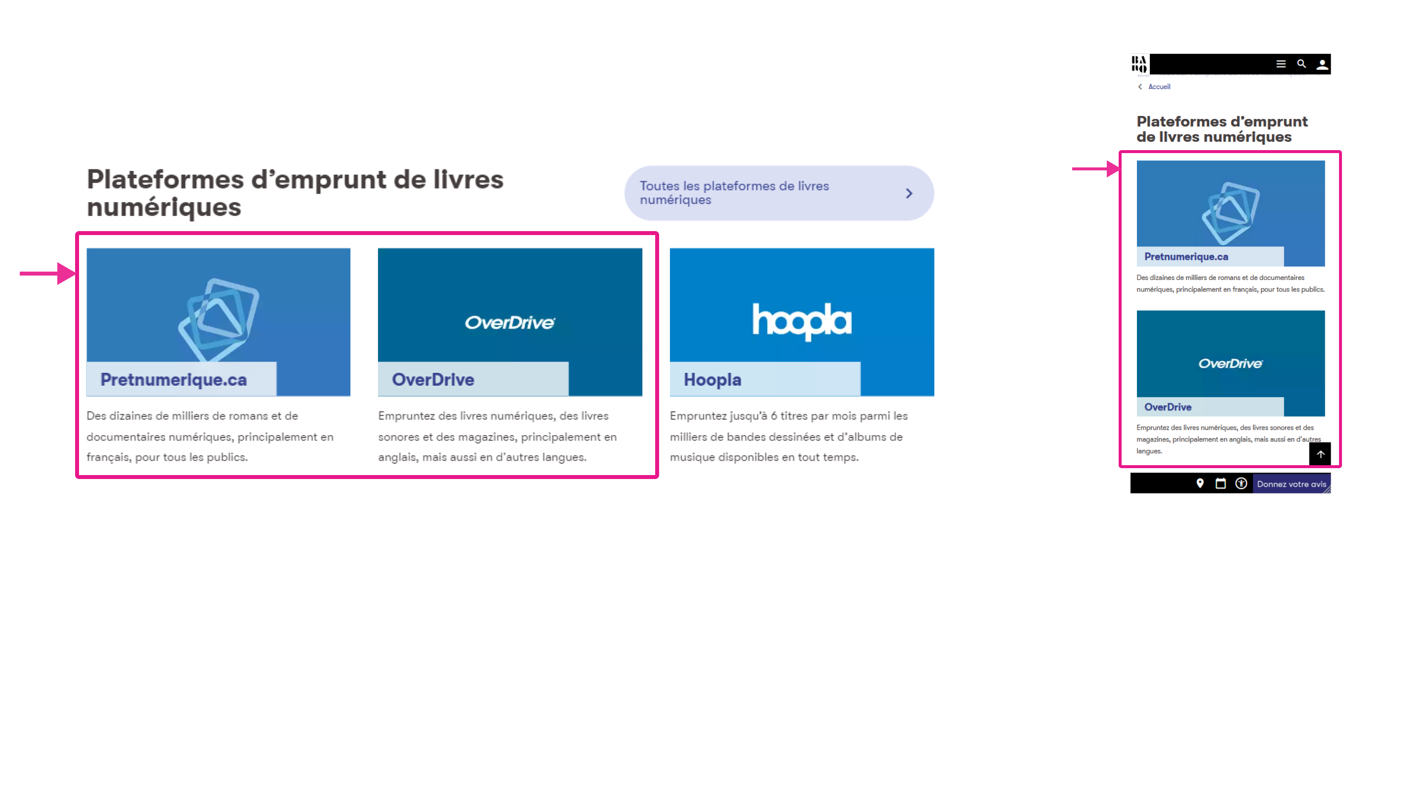Les deux principales plateformes d’emprunt de livres numériques : Pretnumerique.ca et OverDrive