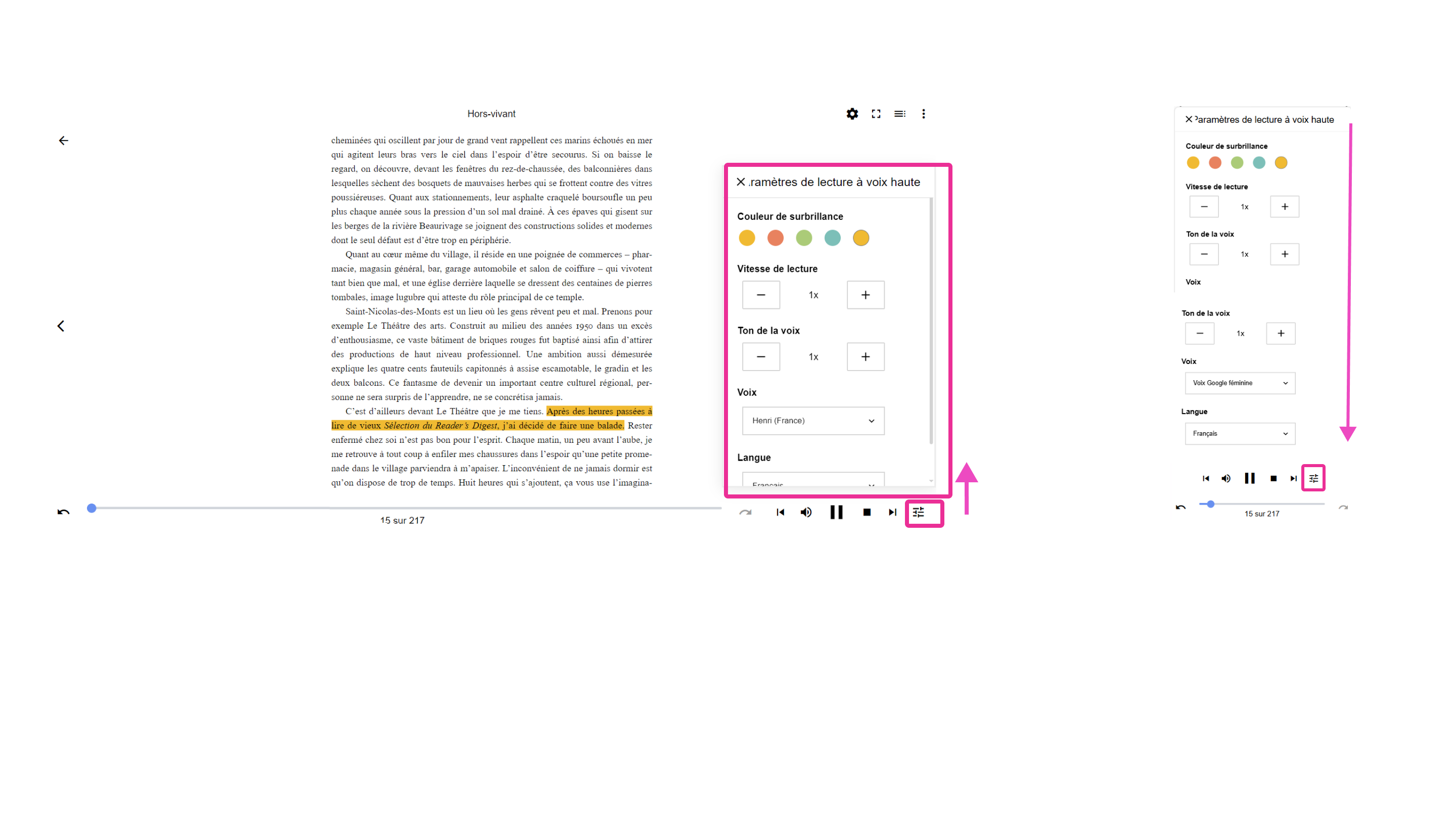 Réglages de la synthèse vocale d’un livre de Pretnumerique