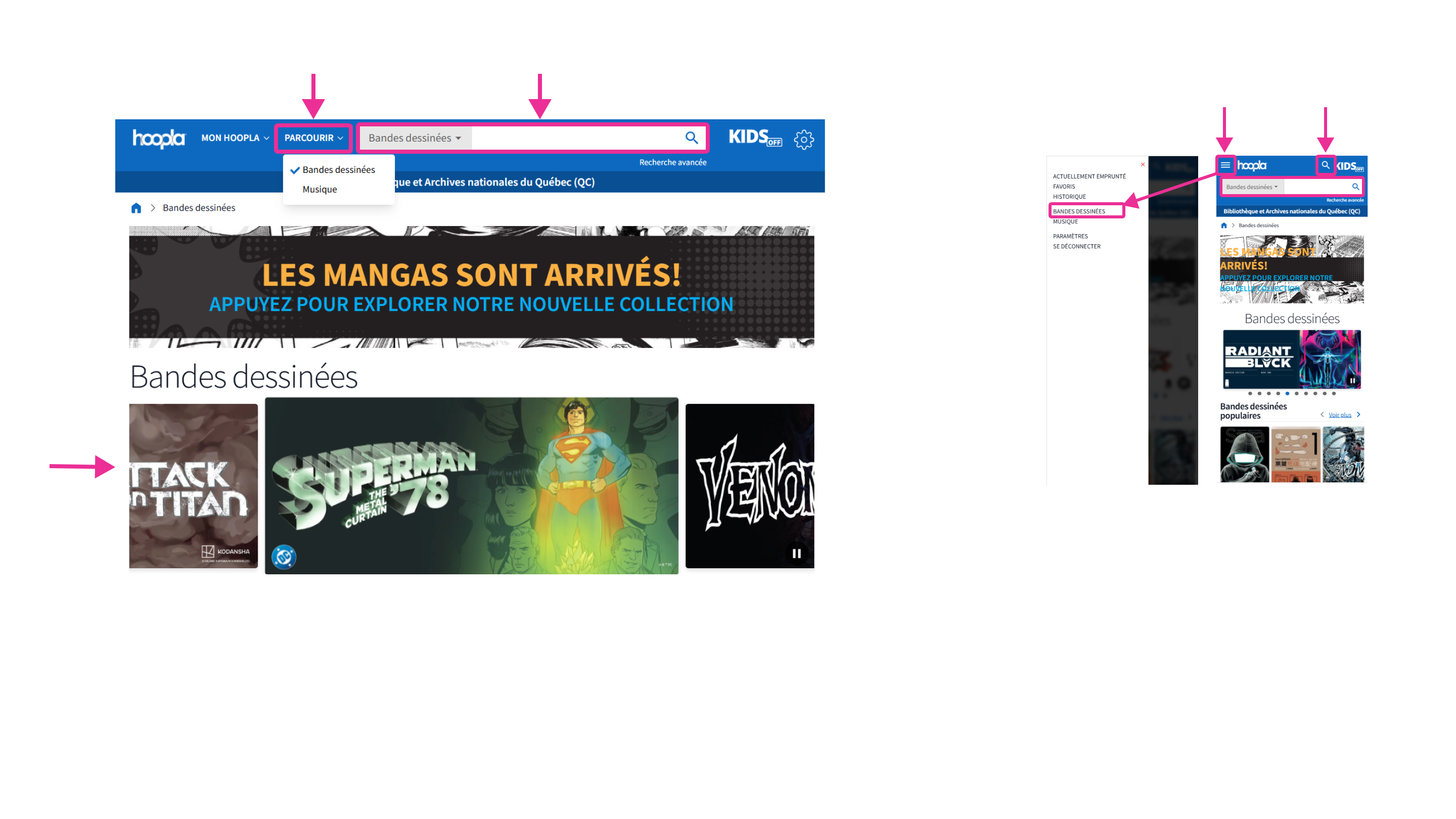 Les options pour la sélection d’un livre en mode exploratoire ou de recherche sur la plateforme Hoopla
