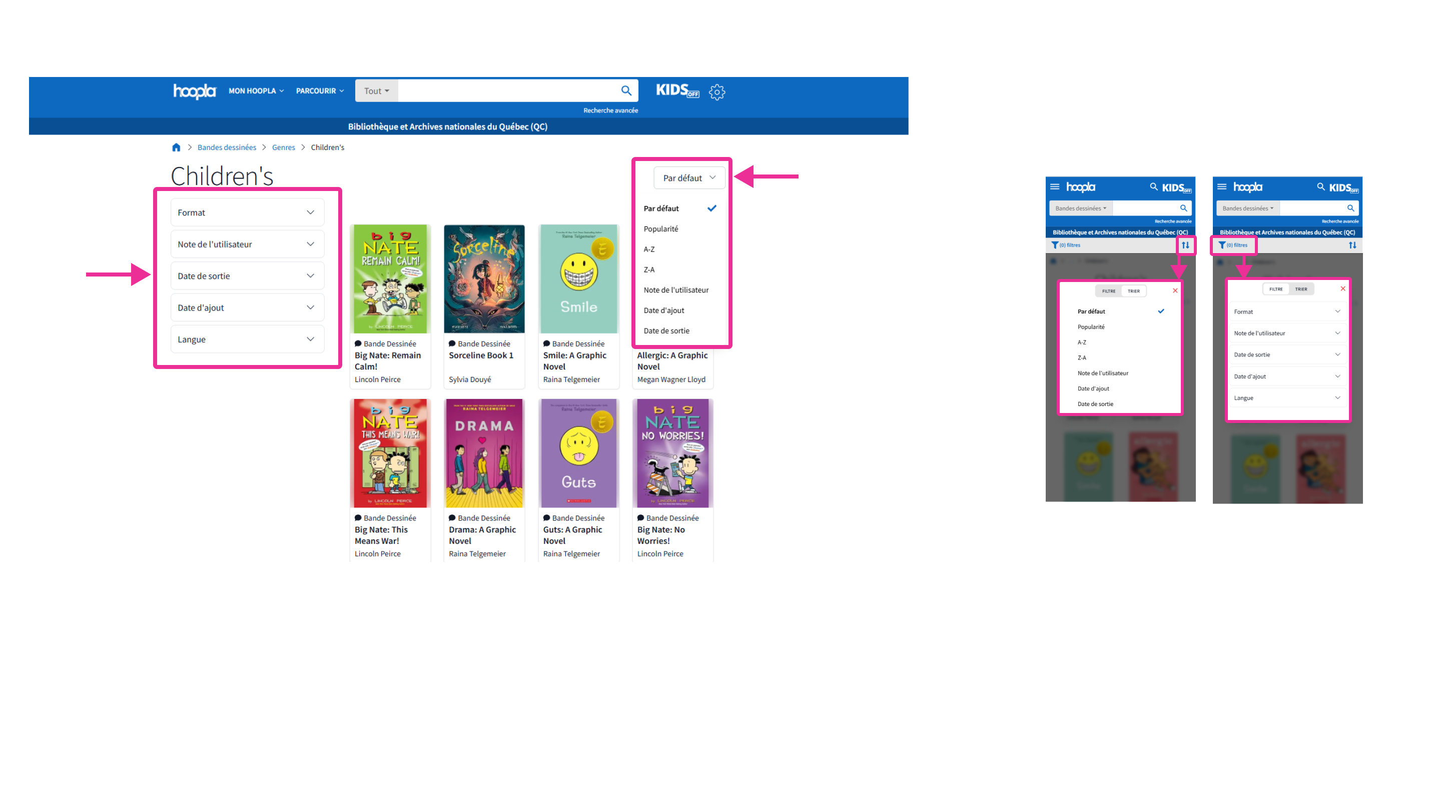 Filtres de recherche offerts sur la plateforme Hoopla