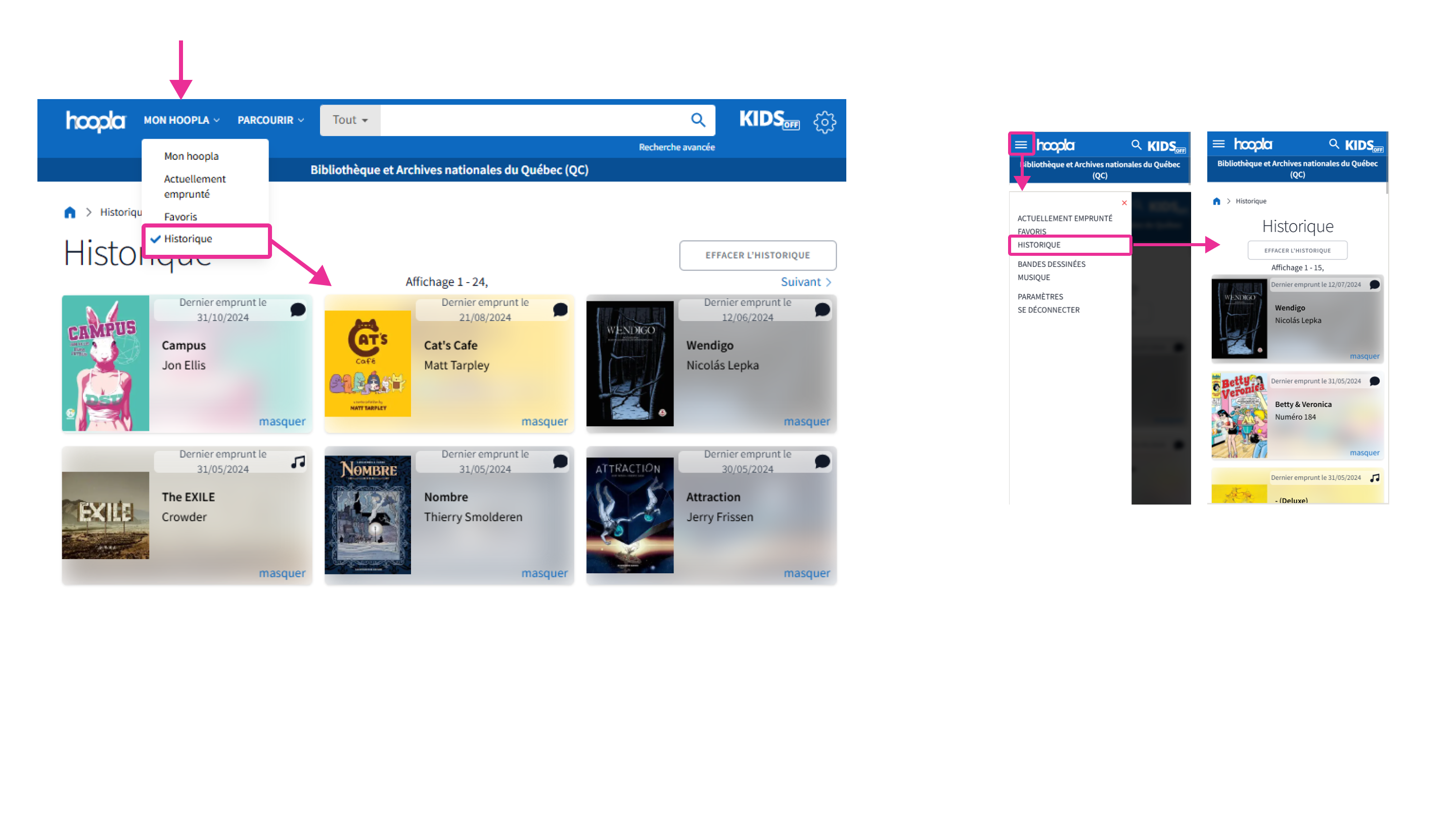 Historique des emprunts accessible du compte Hoopla
