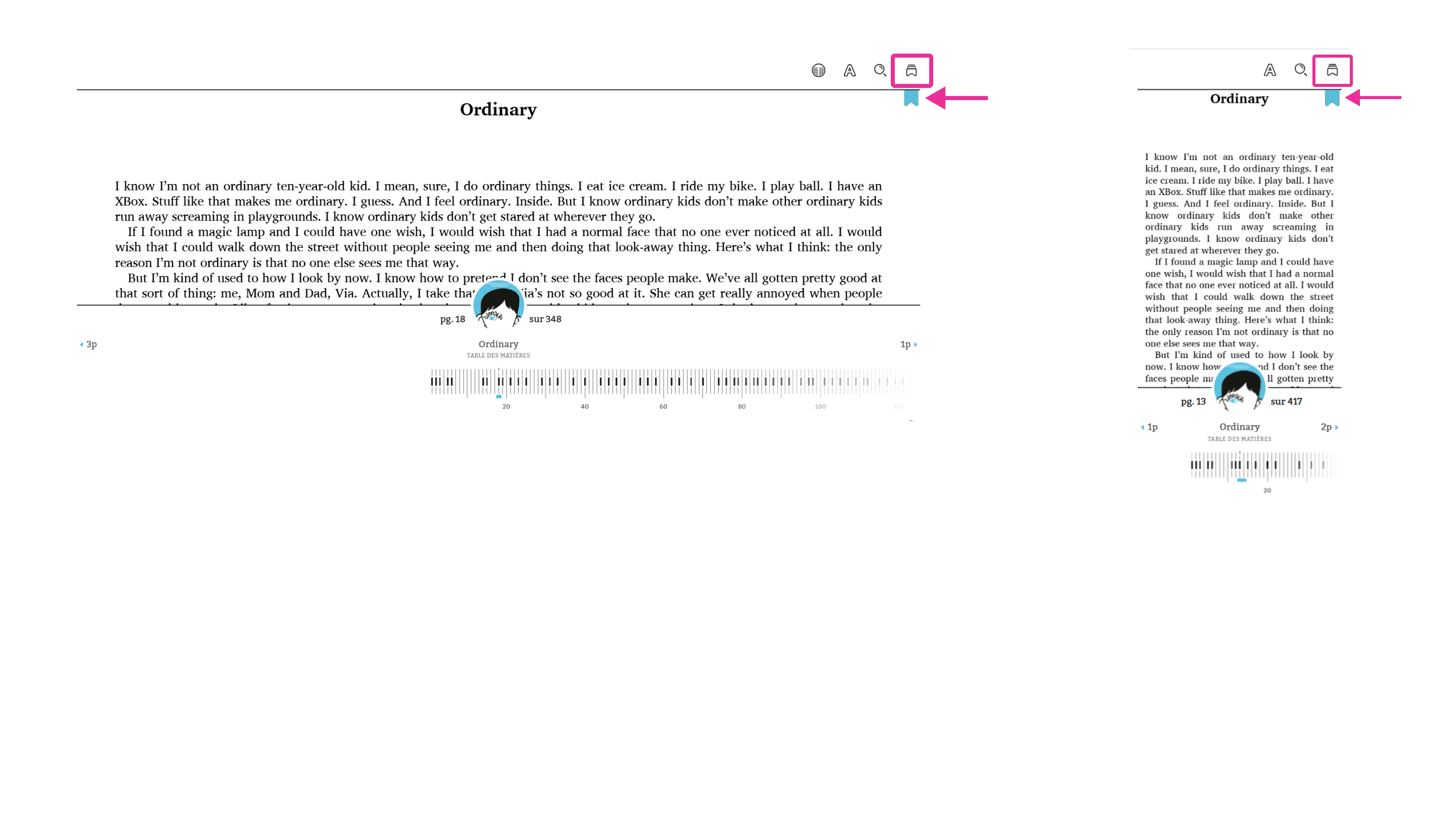 Exemple d’inscription d’un signet dans un livre d’OverDrive
