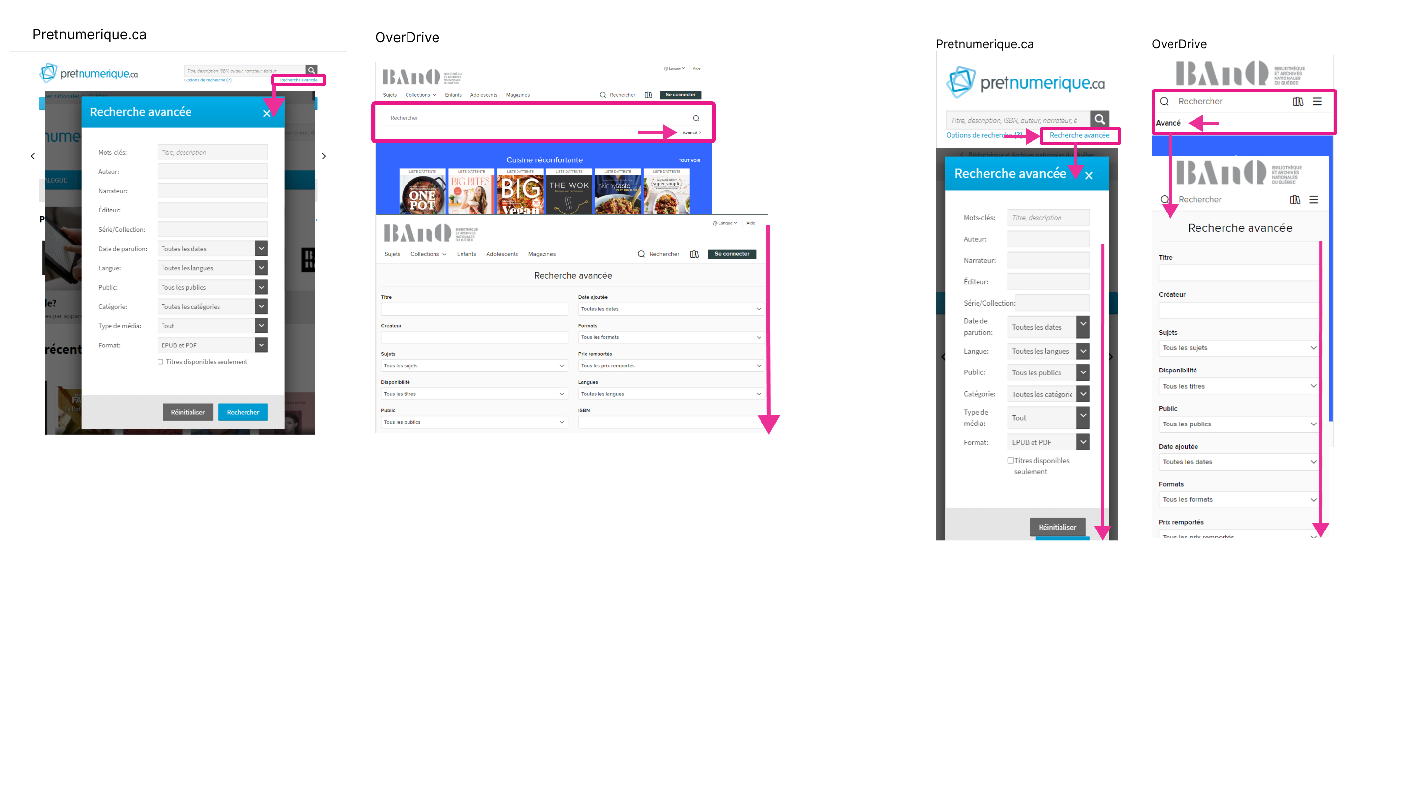 L’interface de recherche avancée des plateformes Pretnumerique.ca et d’OverDrive