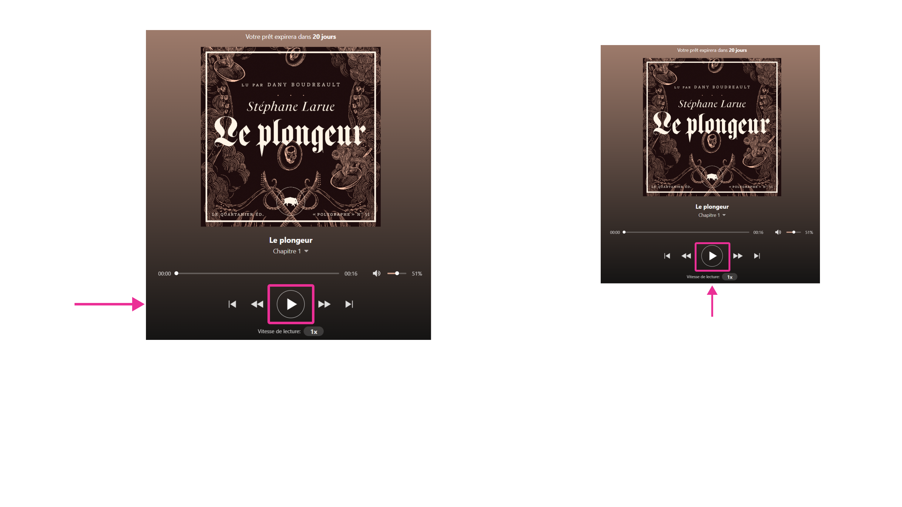 Bouton de lecture d’un livre audio de Pretnumerique.