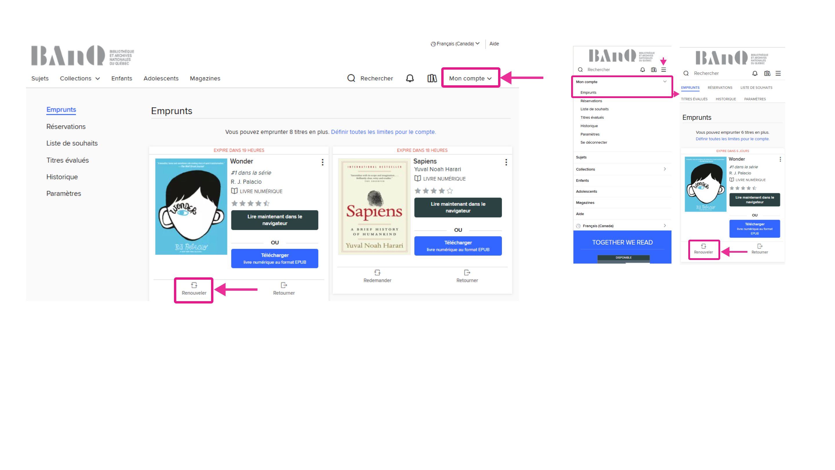 Exemple d’un renouvellement effectué sur la plateforme OverDrive