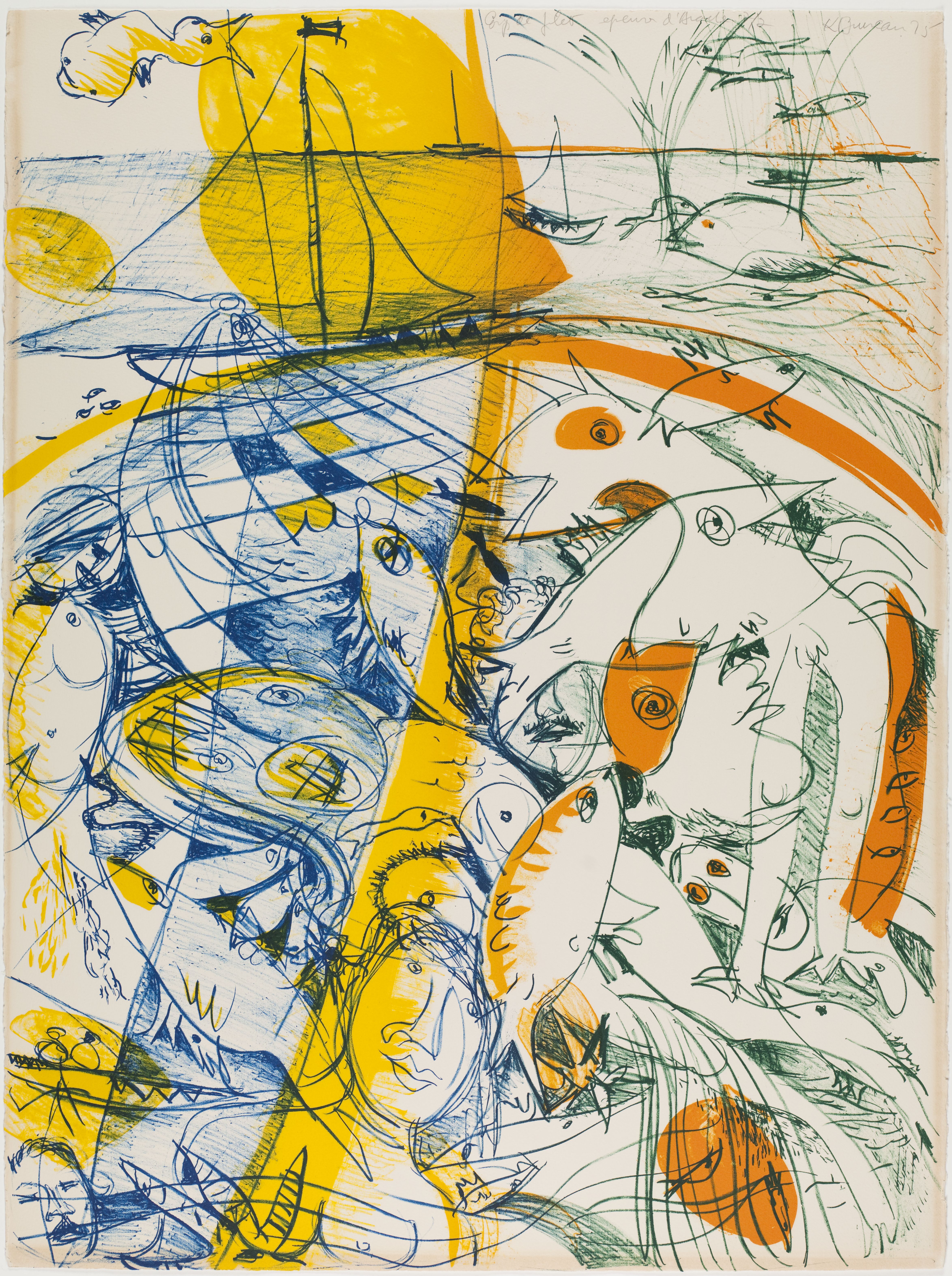 Dessin abstrait de poissons dans un filet en mer.