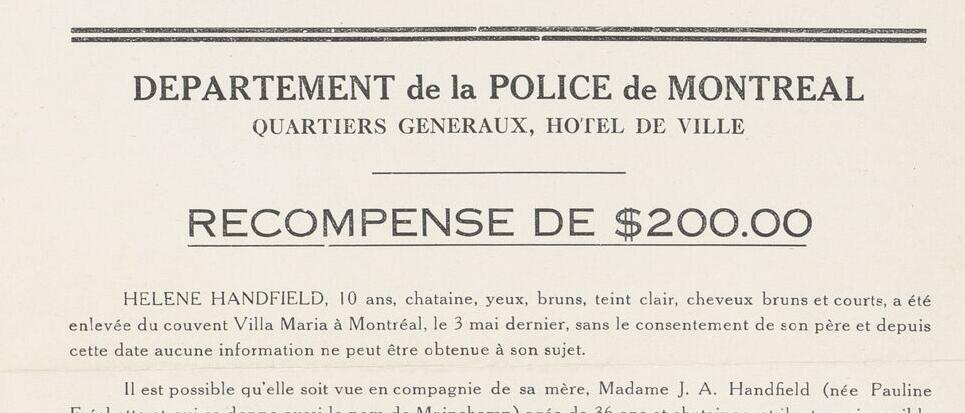 Avis de recherche de Hélène Handfield, 10 ans, affiche, 1925.
