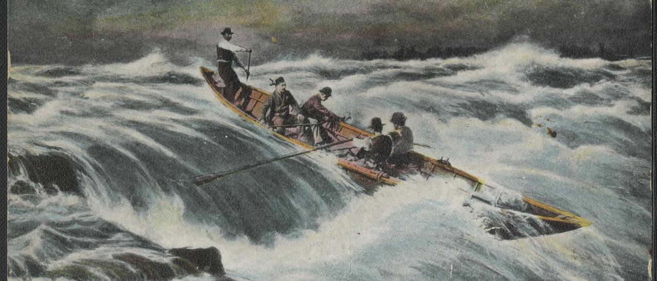 Cinq hommes sur un canot traverse les rapides de Lachine