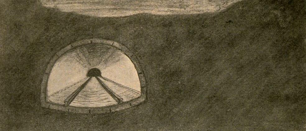 Vue d'une coupe transversale du projet de tunnel sous le fleuve Saint-Laurent. On y voit aussi des bateaux sur le fleuve, la ville de Montréal et le Mont-Royal en arrière-plan.