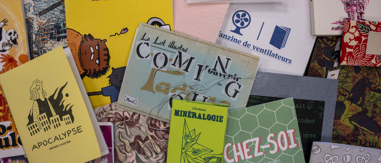 Plusieurs zines étalés.