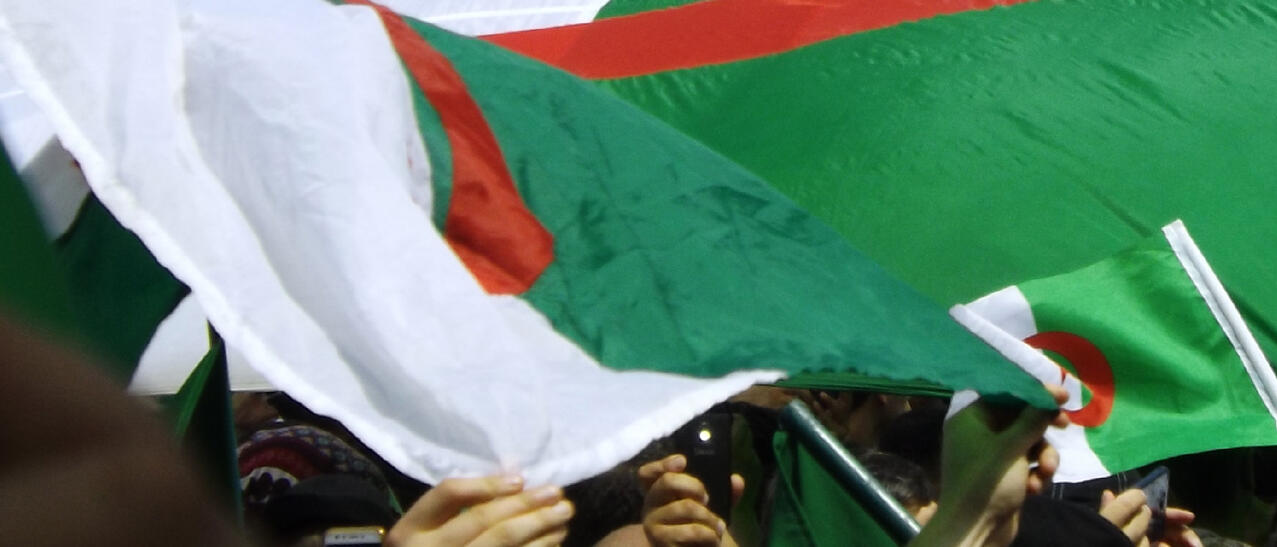 Drapeaux de l'Algérie tenus pas des manifestants.