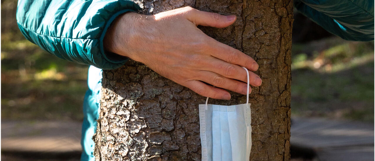Une personne qui tient un masque de procédure dans sa main entoure un tronc d'arbre de ses deux bras.