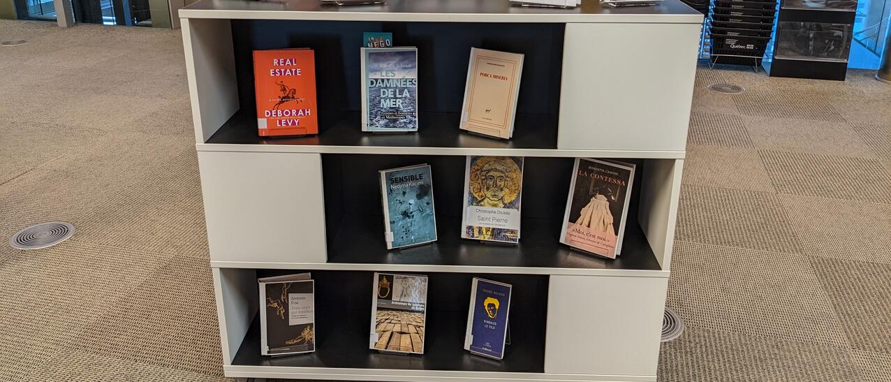 Livres dans un meuble de mise en valeur, à la Grande Bibliothèque.