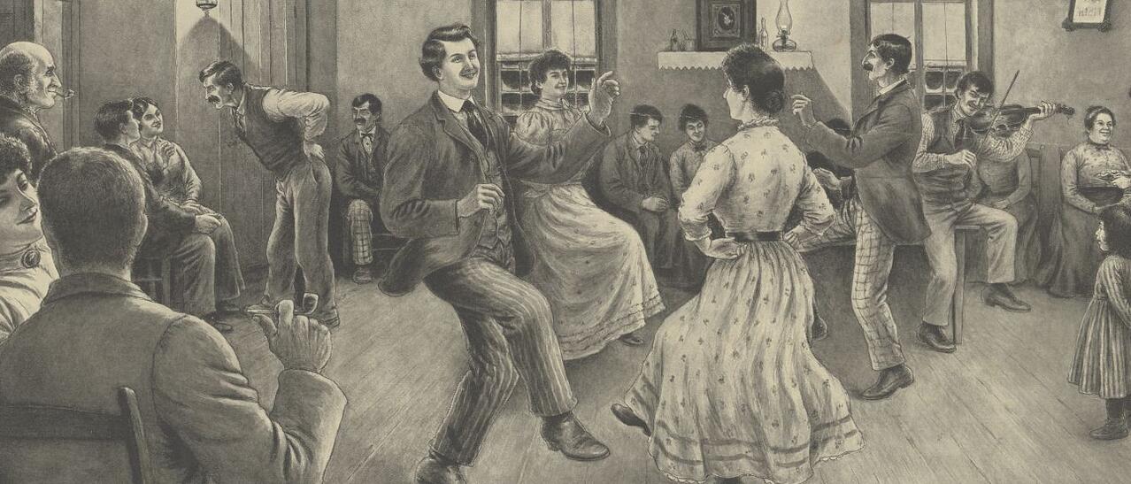 Illustration. Des gens dansent et d'autres discutent pendant qu'un homme joue du violon.