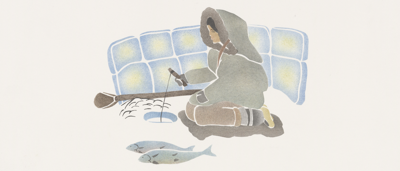 Illustration d’une innue pêchant sur glace. Deux prises se trouvent sur la glace près elle.