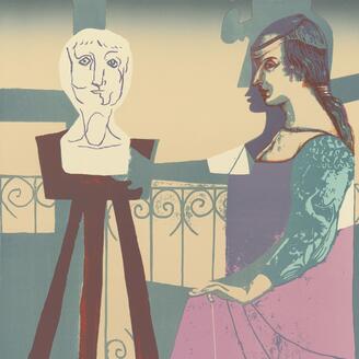 Estampe. Femme assise devant un buste sculpté.