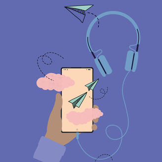 Illustration. Main tenant un téléphone auquel est branché un casque d'écoute.