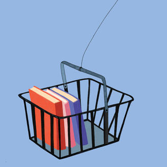 Illustration. Panier de livres porté par un ballon.