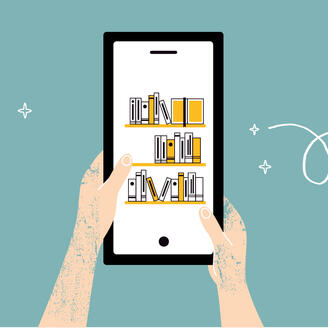 Illustration. Tablette numérique sur laquelle sont affichés des livres.