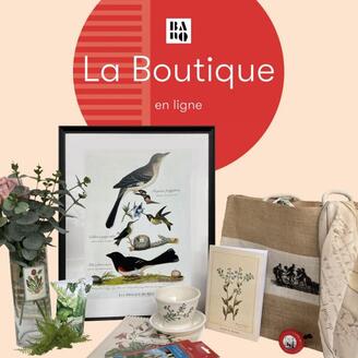 Affiche «La Boutique en ligne BAnQ» et divers produits promotionnels.
