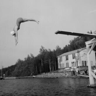 Vue noir et blanc d'une femme plongeant dans un lac.