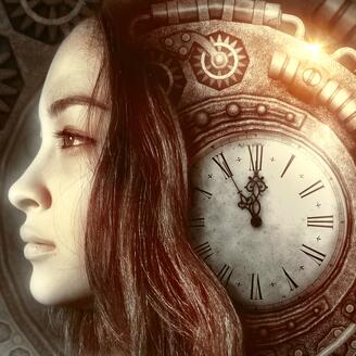 Image d'une horloge antique avec le mécanisme autour et un profil de jeune fille blanche https://pixabay.com/fr/illustrations/fantaisie-portrait-horloge-temps-5536019/avec cheveux longs bruns au milieu 