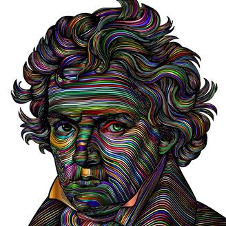 Portrait fantaisiste et coloré de Ludwig van Beethoven.