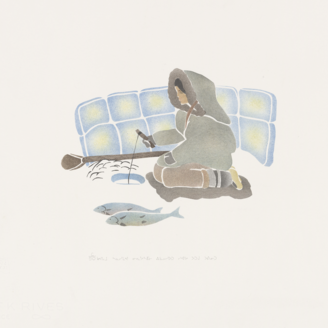 Illustration d’une innue pêchant sur glace. Deux prises se trouvent sur la glace près elle.