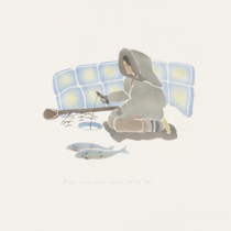 Illustration d’une innue pêchant sur glace. Deux prises se trouvent sur la glace près elle.
